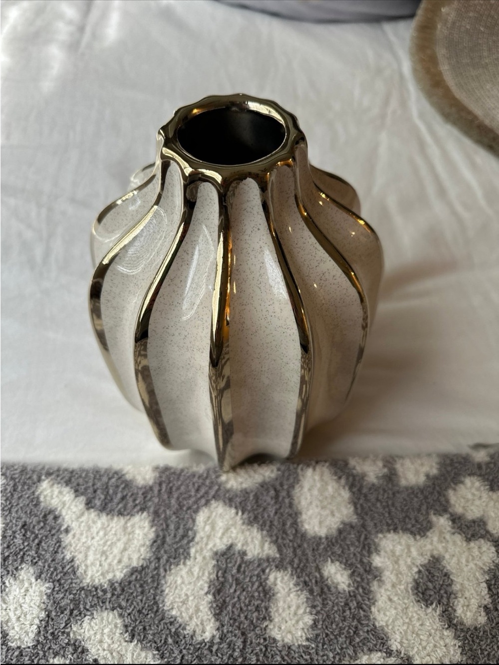 White Ceramic Vase with Gold Trim Accent